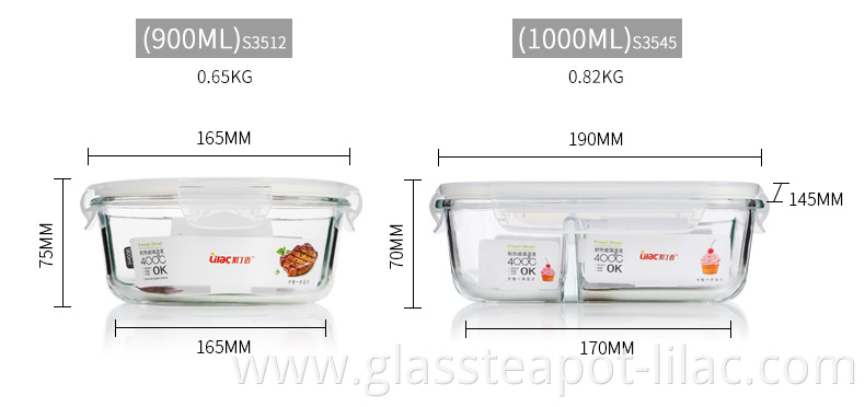 Lilac FREE Sample 900ml/1000ml homes microwave safe thermal hot insulated clear glass air tight 3 compartment food container